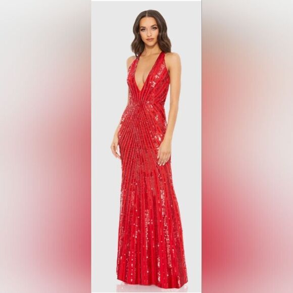 Mac Duggal 93560 Sequined Deep V Strappy Open Back Gown NWOT size 10 Red - Picture 1 of 7